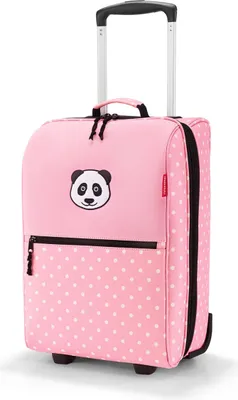 A pink rolling suitcase for children with a panda face design and white polka dots.