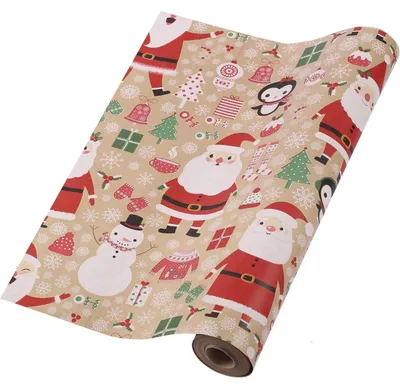 Productafbeelding van Geprinte cadeaupapierrol, kerstthema: sneeuwpop, kerstman. Afmetingen: 43 cm x 15 meter. Bruin kraftpapier