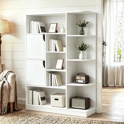 Produktbild von Bücherregal mit 9 Ebenen und 2 Türen, Aufbewahrungsregal Standregal, Bücherschrank, 80 × 24 × 140 cm, Weiß