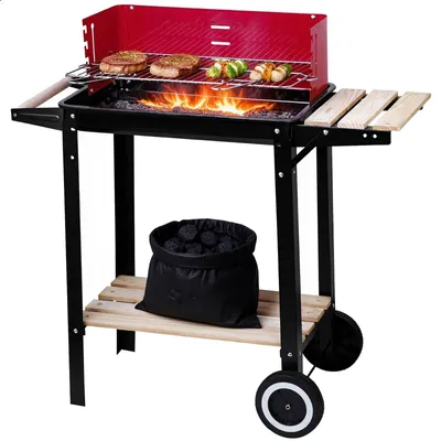 Obrázek produktu pro zahradní gril na dřevěné uhlí pojízdný gril bbq 83x33x86 cm s policemi