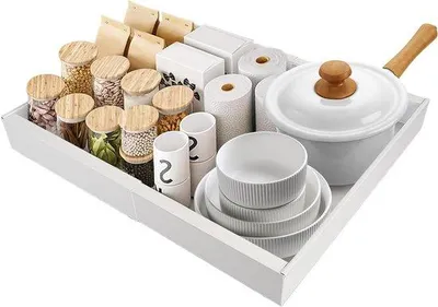 Image de Organisateur extensible pour tiroirs de cuisine, système de rangement pour la cuisine, idéal pour les accessoires de cuisine et la vaisselle, en plastique, dimensions : 60 x 20 x 20 cm, couleur : blanc