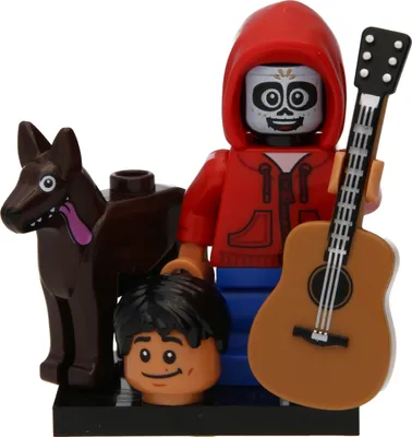 A LEGO minifigure set featuring Miguel from Coco, his dog Dante, and a guitar.