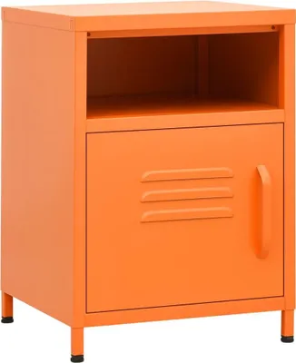 An orange metal nightstand with a drawer and an open shelf.