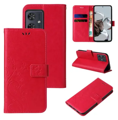 A collage of images showing a red floral flip phone case for a Motorola Moto G54.