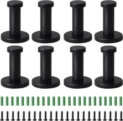 Productafbeelding van Unyqoos® 8-delige set zwarte garderobehaakjes, rond, 53 mm, roestvrij staal, wandhaakjes inclusief bevestigingsmateriaal, geschikt voor handdoeken en kleding, maximale draagkracht 10 kg