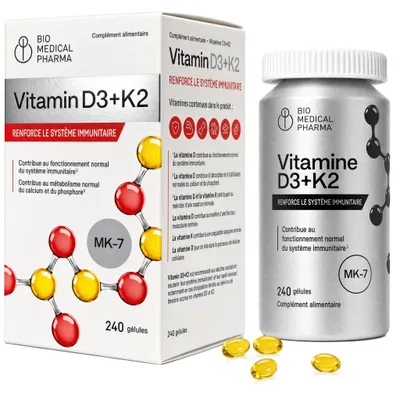 Image de Vitamine D3 K2 MK-7 - 240 gélules - 5000 U.I. de vitamine D3 et 100mcg de vitamine K2 MK7 - haute biodisponibilité de la vitamine D3 et K2