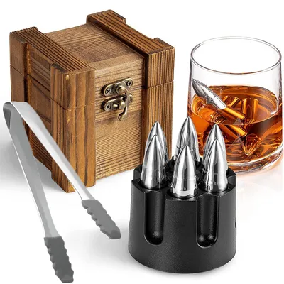 Whisky Stones aus Edelstahl, 6 Stück in Holzgeschenkbox