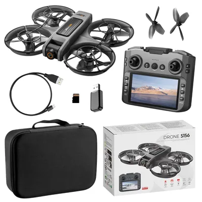 A collage of a drone and its accessories, including a remote control, charging cable, storage case, spare propellers, and packaging.