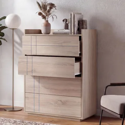 Obrázek produktu pro Komoda HWC-P44, příborník, skříňka, 4 zásuvky s funkcí push-to-open, MDF 107 x 80 x 40 cm vzhled dubu Sonoma