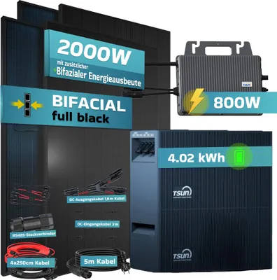 Produktbild von SUNNIVA® 2000W Balkonkraftwerk mit 2,01 kWh Speicher TSUN SOLARCANTSOL-DCU2000Lite, 4x 500W BIFAZIAL FULLBLACK komplett Steckdose, Solarspeicher