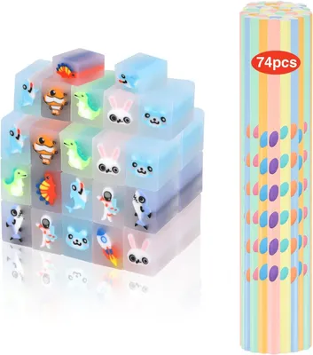 Produktbild von Buntstifte mit Radiergummi, 74-teilig, 37 Stifte und 37 Radiergummis, für Kinder