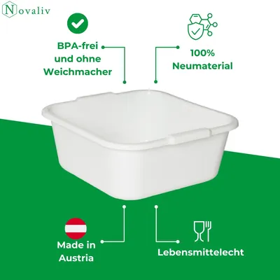Obrázek produktu pro Novaliv mísa na mytí nádobí čtvercová 10,5 l, 34x34 cm, bílá, bez BPA a vhodná do myčky - ideální do kuchyně a na kempování, vana, velká plastová mísa, čtvercová mísa na mytí, vana na mytí nádobí, mísa na mytí nádobí