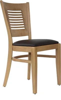 A wooden chair with a dark brown seat, shown in a studio setting.