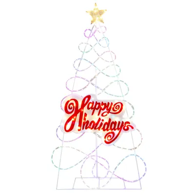 A decorative LED Christmas tree with a "Happy Holidays" sign.