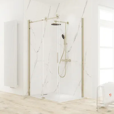 Produktbild von Duschtür mit Seitenwand mit Gleittür/Schiebetür SCHULTE MasterClass 120 x 90 cm Profil gold Klarglas Türanschlag links S