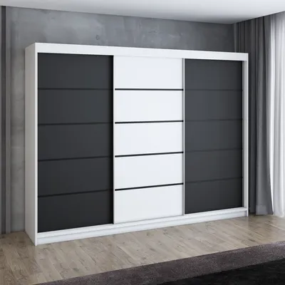 Produktbild von Schwebetürenschrank, 3-türig Schrank 200 cm mit 4 Schubladen, Retrostil  Premium! Moderne Garderobe für Kleidung. Verschiedene Farben (Weiß, Schwarz, Somona) Kleiderschrank MES