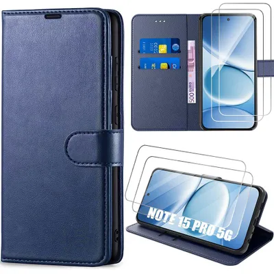 Image de Coque + 2 Verres Trempés pour Xiaomi Redmi Note 15 Pro 5G, Anti-Rayures Antichoc CuirPolyuréthaneBleu Foncé