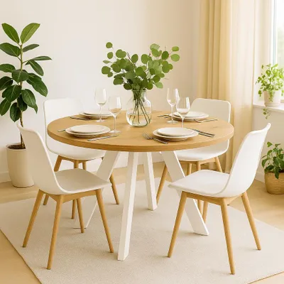Produktbild von Runder Ausziehbarer Tisch für Esszimmer, LEX, Loft-Stil, Skandinavische, Durchmesser: 100 / 150 cm, Farbe: Eiche Craft / Weiß