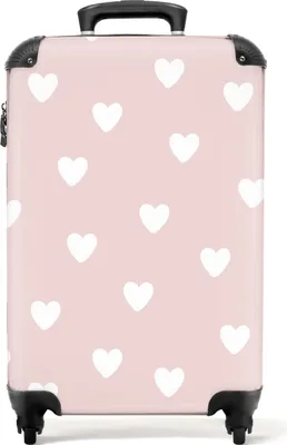 Produktbild von NoBoringSuitcases.com Kinder Handgepäck Koffer 55x35x20 cm, 36L, Bunte Drucke für Mädchen: Rosa - Herzchen, Reisekoffer mit 4 Rollen