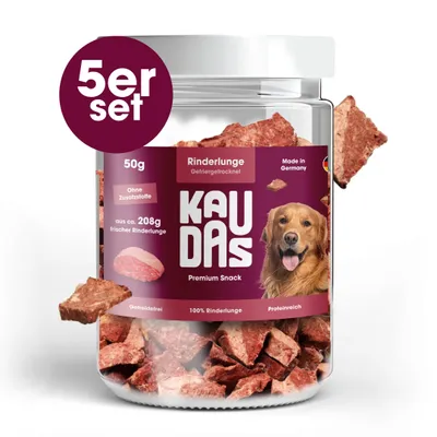 Produktbild von KAUDAS Hundesnack RinderlungePur - 5× 50g gefriergetrocknetes Rind - 208g Rohgewicht