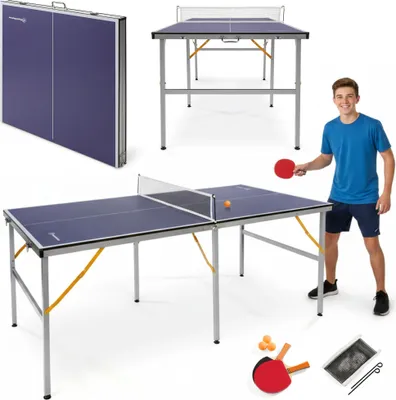 Productafbeelding van HyperMotion Opklapbare Tafeltennistafel voor binnen – Draagbaar, inclusief net, 2 rackets en 3 ballen, 180x92x76 cm, Compact en gedeeltelijk voorgemonteerd, geschikt voor kinderen vanaf 6 jaar