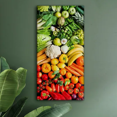 Produktbild von Wohnzimmer Leinwand Uhr Geräuschlos Küche 30x60 Gemüse, Farbige, schwarze Zeiger