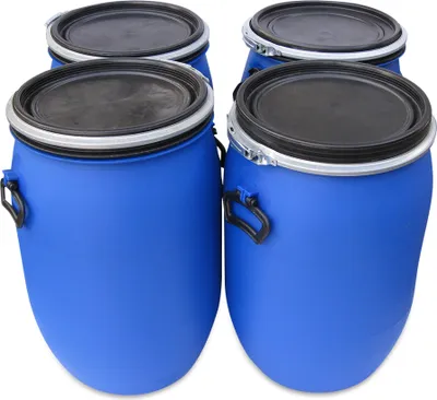 Produktbild von 4 x 60 L 60 Liter Spannfass Kunststofftonne Fass Tonne mit Deckel Spannring Farbe blau, gebr. (4x60 Spann)