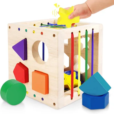 Image de Cube de tri de formes - Jouet en bois classique avec 8 formes colorées et multisensorielles - Jouet Montessori pour les enfants à partir de 1 an