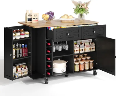 Produktbild von Kücheninsel mit klappbarer Arbeitsplatte, ausgestattet mit 5 verriegelbaren Rollen, Türregal, Weinregal und Glashalter, 120 x 45(70) x 89 cm