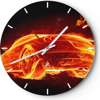 Produktbild von Wanduhr - Rund - Glasuhr - Auto Feuer Illustration - 30x30cm - Schleichendes Uhrwerk - Lautlos - zum Aufhängen bereit - Dekoration Modern - Wanddekoration aus Glas - C3AR30x30-0204