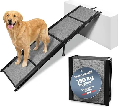 Imagen del producto de Rampa para perros, plegable, con capacidad de 150 kg, extra estable, con pie adicional, de 170x44 cm, para coches y SUVs. Escalera para perros