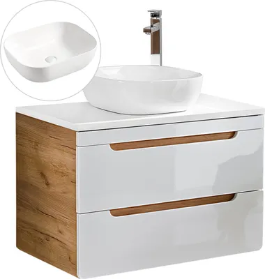 Produktbild von Waschtischunterschrank 80 cm mit 51 cm Keramikbecken LUTON-56 in Hochglanz weiß mit Wotan Eiche Nb., B/H/T ca. 81/76,5/46 cm