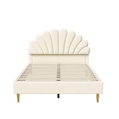 Image de Fortuna-Lai Lit double rembourré 140x200cm - avec tête de lit fleurie, sommier à lattes, velours, style scandinave - Beige