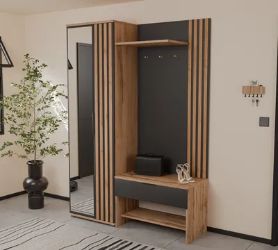 Produktbild von 4ALLHOME Garderobenschrank KILO 140 cm mit Spiegel und Lamellen – Moderne Garderobe mit Stauraum in Wotan Eiche & Schwarz Matt