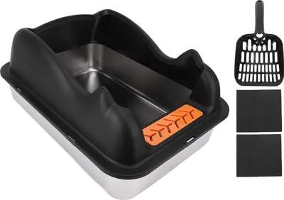 Zdjęcie produktu dla Kuweta dla kota ze stali nierdzewnej z pokrywą łatwa w czyszczeniu, z wysokimi ściankami, duża metalowa kuweta dla kota czarna