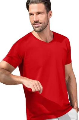 Produktbild von Herren T-Shirt mit V-Ausschnitt aus Baumwolle, 100% Baumwolle, unbedruckt, einfarbig, 180g/m2, Farbe rot, Größe S