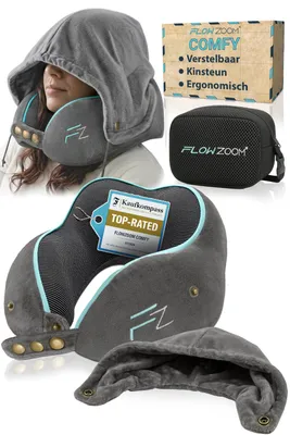 Productafbeelding van FLOWZOOM COMFY Reisnekkussen met capuchon, traagschuim, grijs