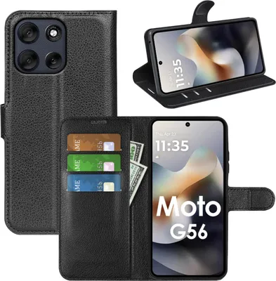 A collage of images showing a black flip wallet case for a Motorola Moto G56 5G phone, with cards and money inserted.