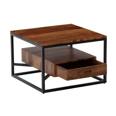 Produktbild von Couchtisch 60x60x40 cm Sheesham Massivholz / Metall Sofatisch Quadratisch, Design Wohnzimmertisch Kaffeetisch Massiv mit Schublade, Kleiner Tisch Beistelltisch Wohnzimmer Modern