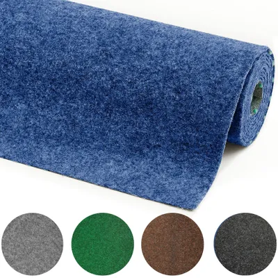 Kunstrasen aus Nadelfilz, blau, als Meterware mit Farbmustern in grau, grün, braun, anthrazit