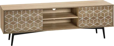 Produktbild von BELIANI TV Möbel Heller Holzfarbton MDF Platte Stahl 50 x 160 x 40 cm Retro Elegant Weißes Geometrisches Muster Multifunktional Wohnzimmer