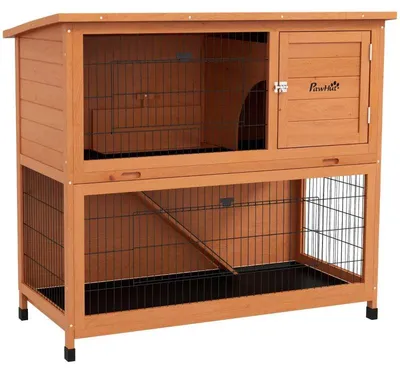 Image de Cage à lapins avec enclos – 2 niveaux pour 2 lapins | Couleur : orange | Dimensions : 63 x 123 x 112 cm