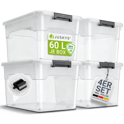 Produktbild von Juskys Aufbewahrungsbox mit Deckel - 4er Set Kunststoff Boxen 60l - Box groß, stapelbar, transparent - Aufbewahrung Ordnungssystem Aufbewahrungsboxen