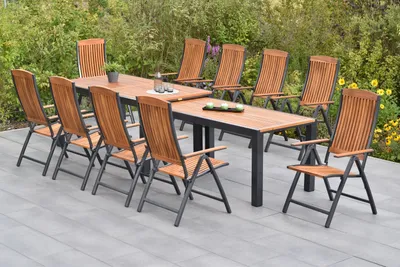 Obrázek produktu pro Sada zahradního nábytku Merxx Athos, 11 dílů: 10 skládacích křesel, rozkládací stůl Flex s rozměry 180 (180) x 100 (83) x 80 (74) cm – hliník/akácie