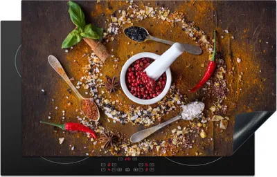 Produktbild von KitchenYeah© Herdabdeckplatte Mörser - Kräuter - Löffel - Gewürze - Braun - Pfeffer , 85x52cm, Küche Deko, Glaskeramikkochfeld Herdabdeckung, Abdeckplatte fùr Kochfeld