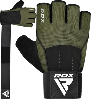 A pair of green and black weightlifting gloves with wrist straps, shown from a slightly angled front view, with a separate view of one glove and its strap on the left.