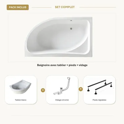 Image de Baignoire blanche asymétrique droite 150x100cm - Tablier blanc - CALMA