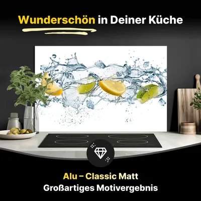 Produktbild von Spritzschutz Küchenrückwand aus Aluminiumverbund in Matt 60x40 cm - Wasser mit Zitrusfrüchten Artwork