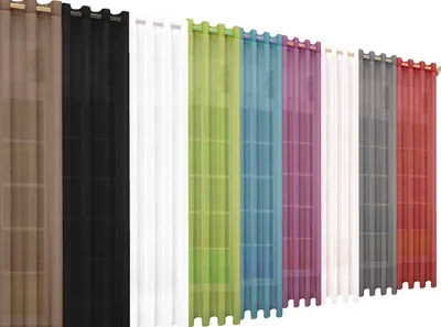 A row of sheer curtains in various colors, hanging side-by-side.