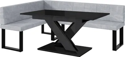 Produktbild von MEBLINI Eckbank für Esszimmer mit ausziehbarem Tisch  - Küchenbank - Essecke - Sitzecke Küche - PETER - U-Beine 142x196x87cm Links - Hellgrau Samt/B Schwarz Hochgl.